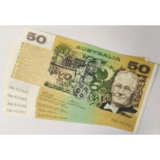 AUSTRALIA 1973 . FIFTY 50 DOLLARS BANKNOTE . PHILLIPS/WHEELER . ERROR . INK TRANSFER . CONSEC FOUR